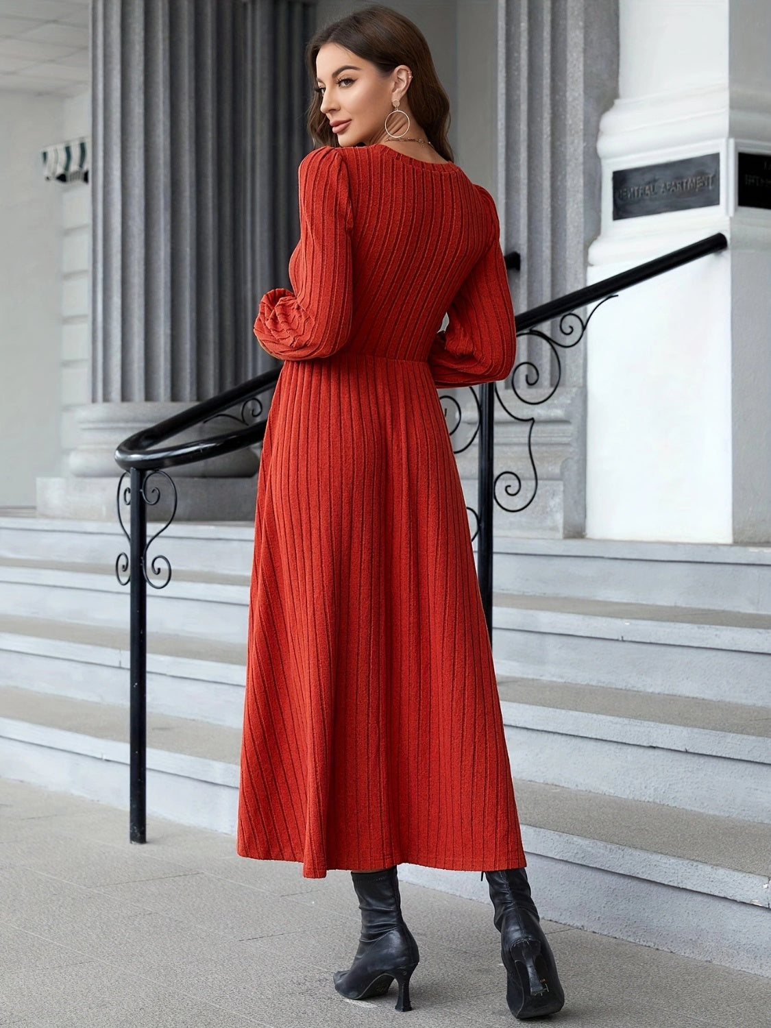 Ribbed Round Neck Long Sleeve Dress - The Daily Makeover