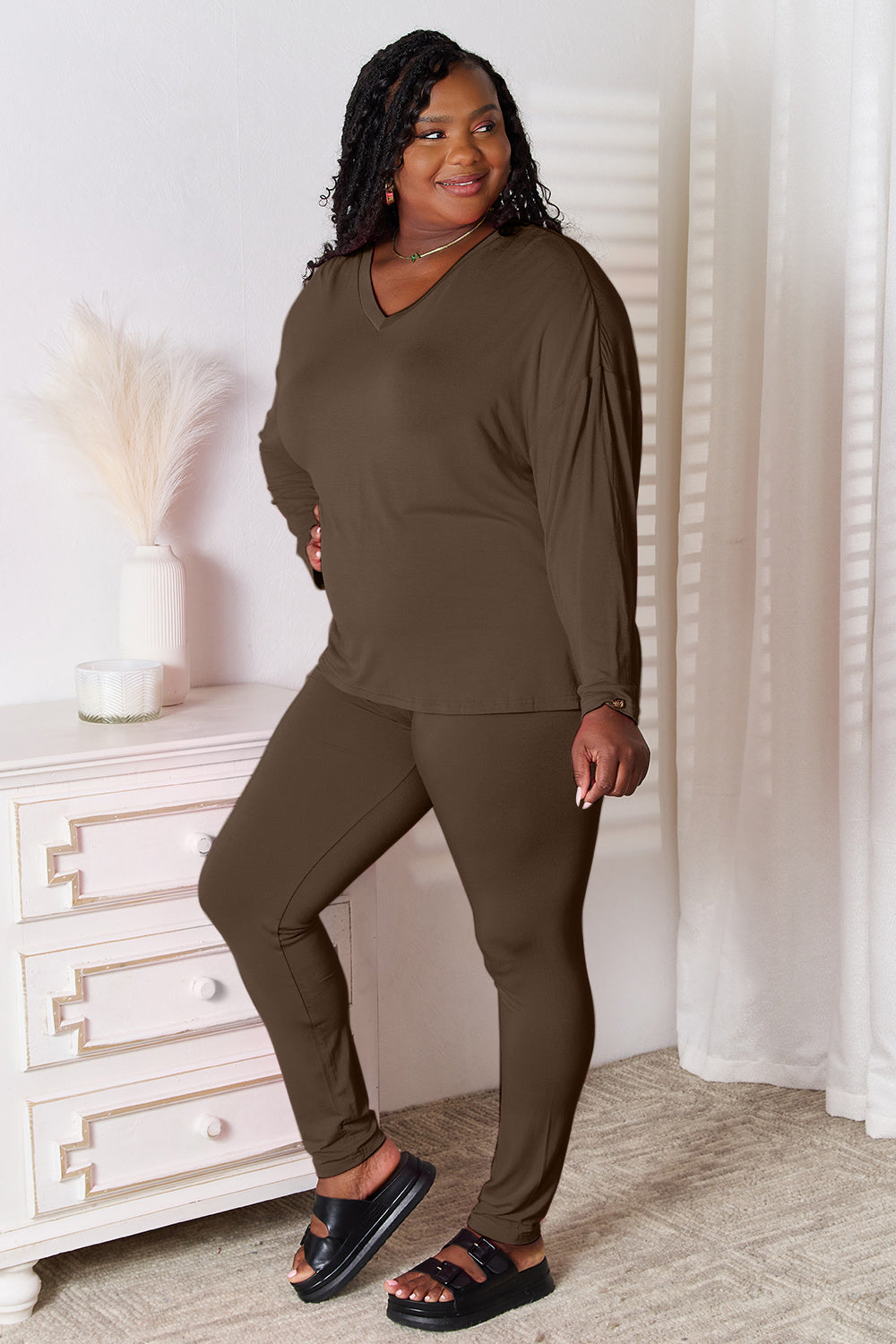 Basic Bae Bamboo Full Size V-Neck Long Sleeve Top and Pants Lounge Set - The Daily Makeover