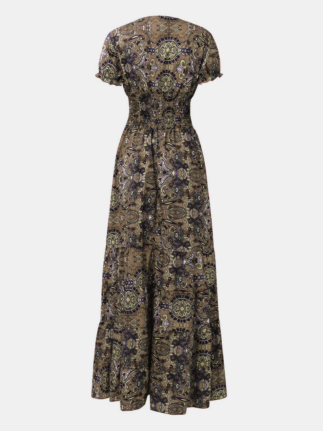 Full Size Smocked Printed V-Neck Short Sleeve Dress - The Daily Makeover