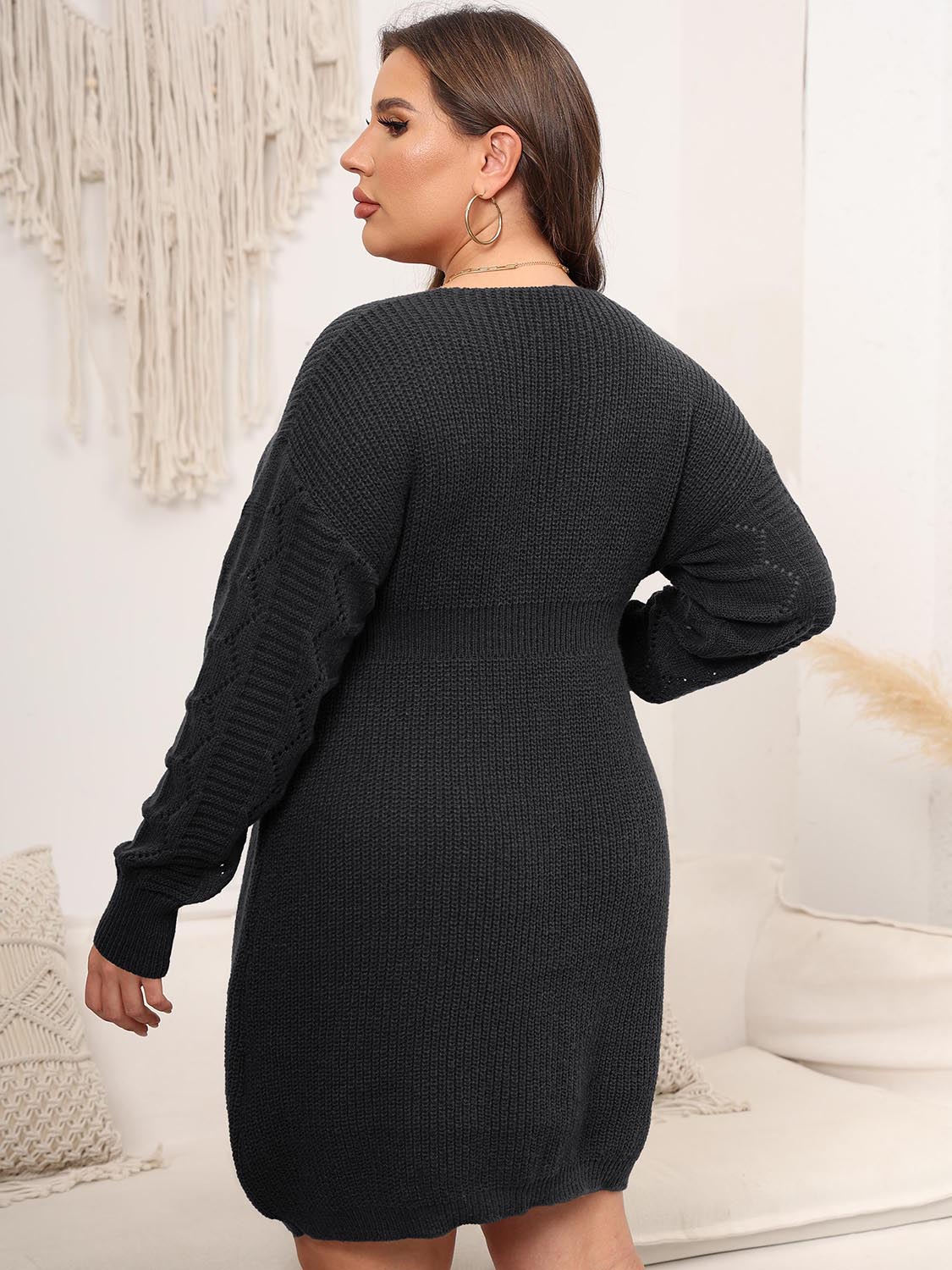 Plus Size Dropped Shoulder Long Sleeve Knit Mini Dress - The Daily Makeover
