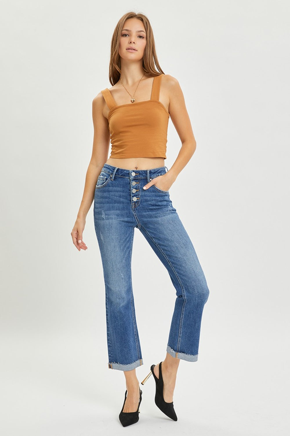 Full Size Button Fly Cropped Bootcut Jeans - The Daily Makeover