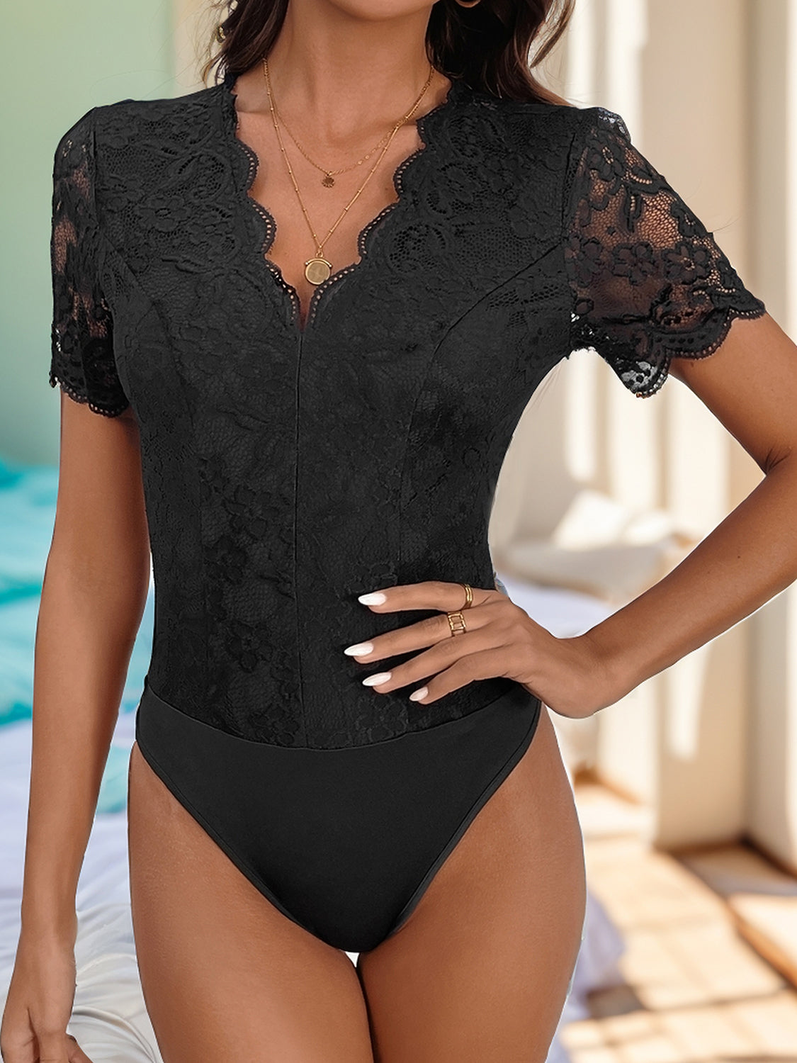 Perfee V-Neck Short Sleeve Lace Bodysuit - The Daily Makeover