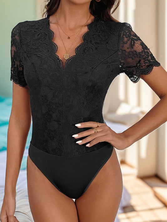Perfee V-Neck Short Sleeve Lace Bodysuit - The Daily Makeover