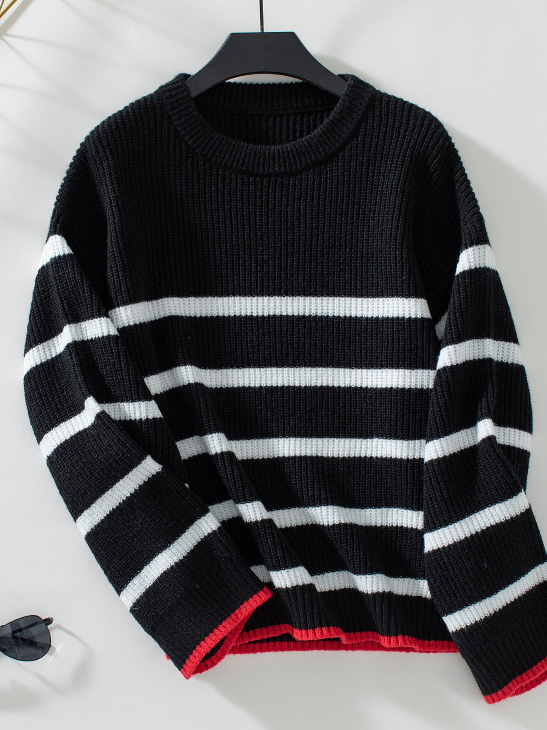 Striped Round Neck Dropped Shoulder Sweater - The Daily Makeover