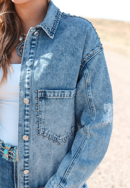 Studded Acid Wash Long Sleeve Denim Jacket - The Daily Makeover