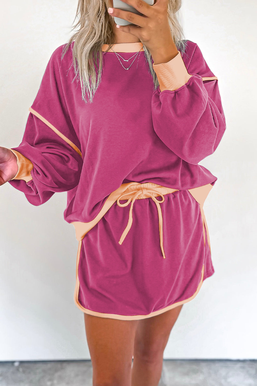 Evergreen Contrast Trim Loose Pullover and Lace-up Waist Skort Set - The Daily Makeover