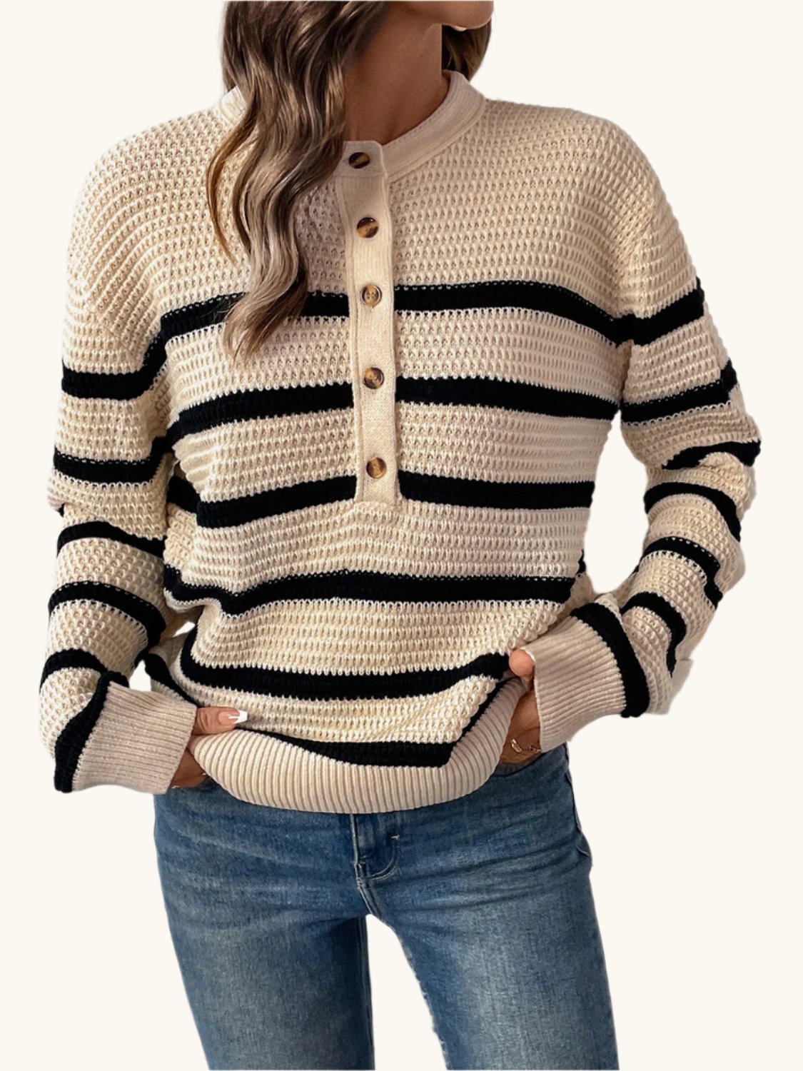 Perfee Striped Half Button Long Sleeve Sweater