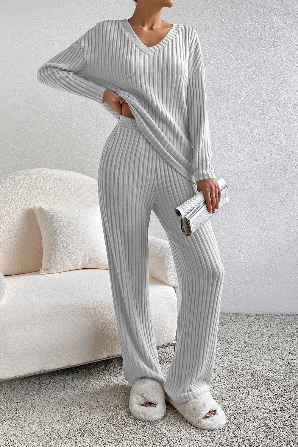 Ribbed V-Neck Top and Pants Lounge Set - The Daily Makeover