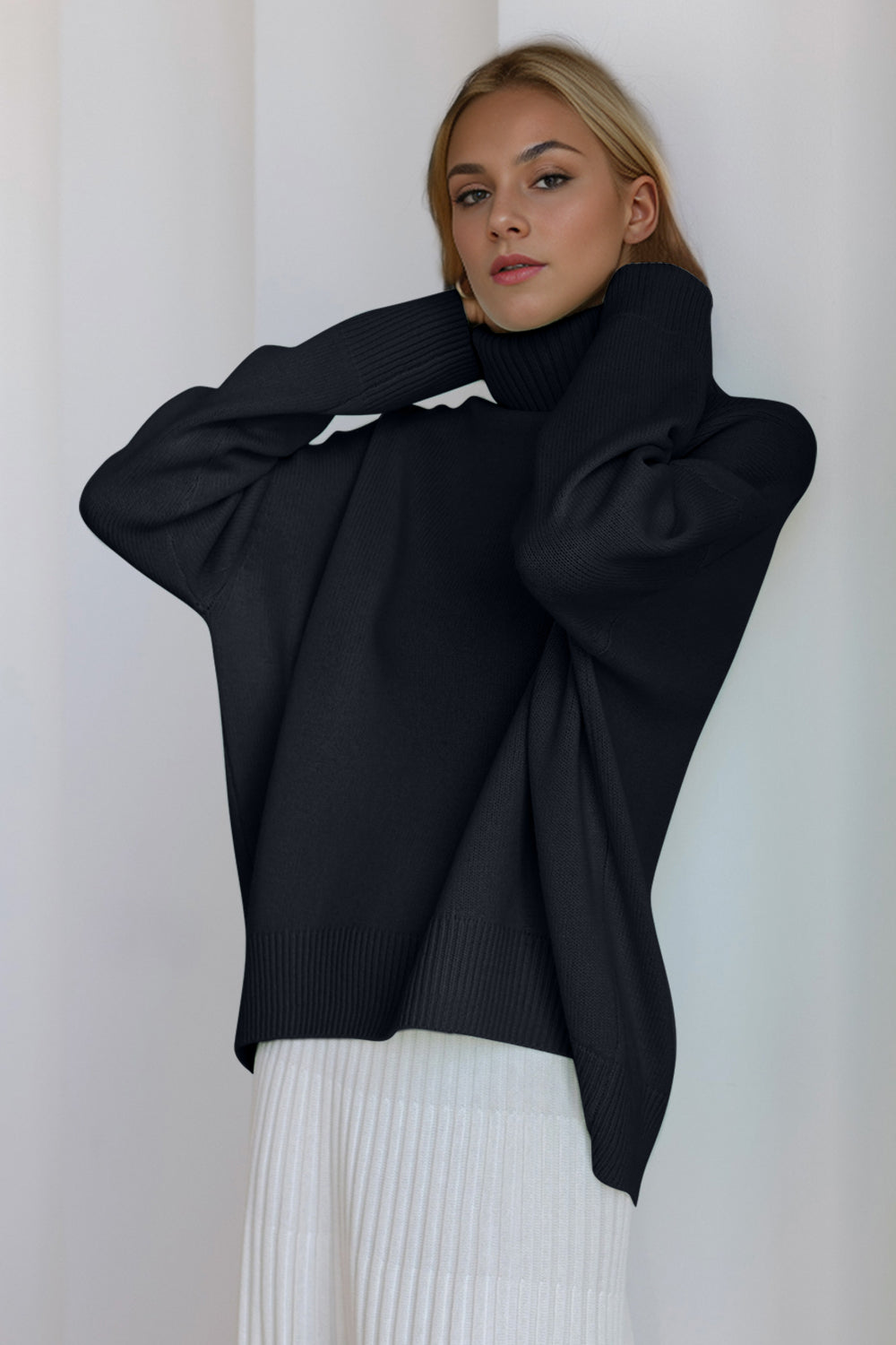 Turtleneck Dropped Shoulder Long Sleeve Sweater - The Daily Makeover
