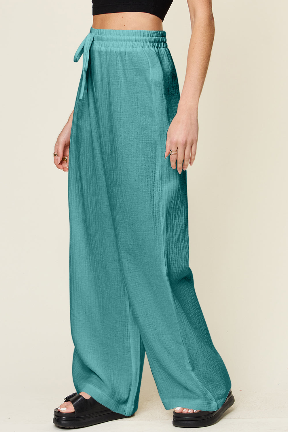 Double Take Full Size Texture Drawstring Wide Leg Pants - The Daily Makeover