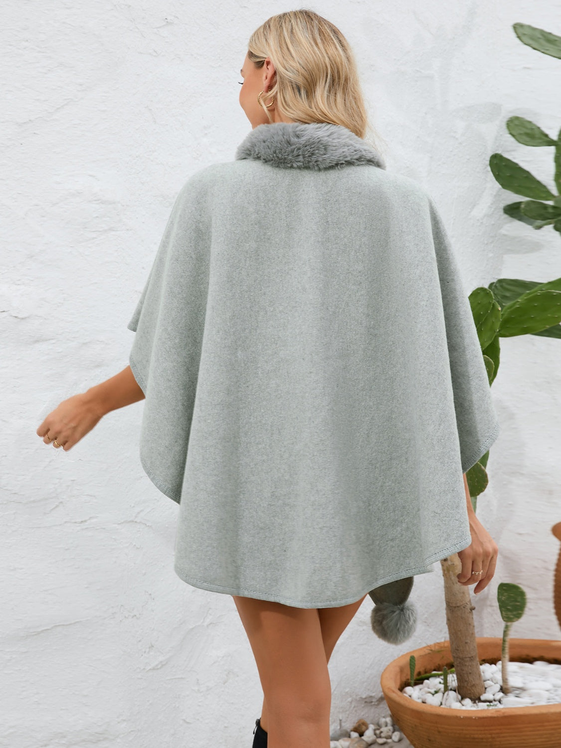 Fuzzy Trim Open Front Poncho - The Daily Makeover