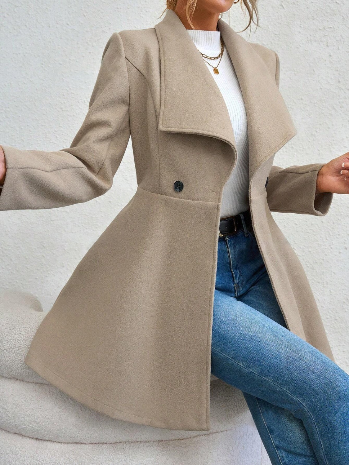 Collared Neck Button Up Long Sleeve Coat - The Daily Makeover