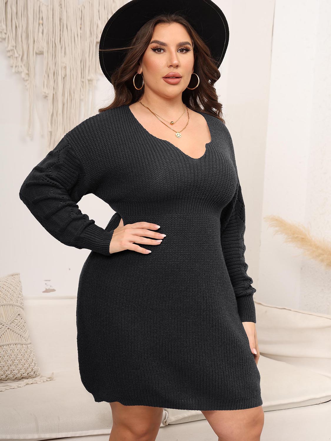 Plus Size Dropped Shoulder Long Sleeve Knit Mini Dress - The Daily Makeover