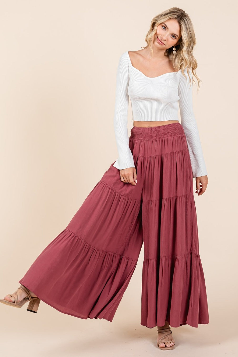 Mittoshop Tier Detail Smocked Elastic Waist Wide Leg Pants - The Daily Makeover