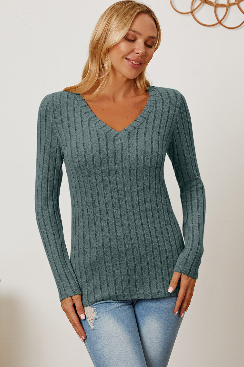 Full Size Ribbed V-Neck Long Sleeve T-Shirt - The Daily Makeover