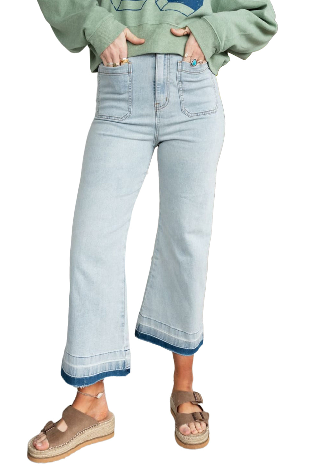 Beau Blue Acid Washed Contrast Hem Pocketed Cropped Jeans - The Daily Makeover