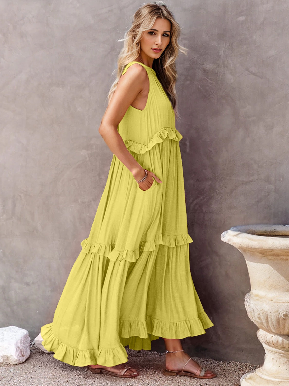 Ruffled Sleeveless Tiered Maxi Dress with Pockets - The Daily Makeover