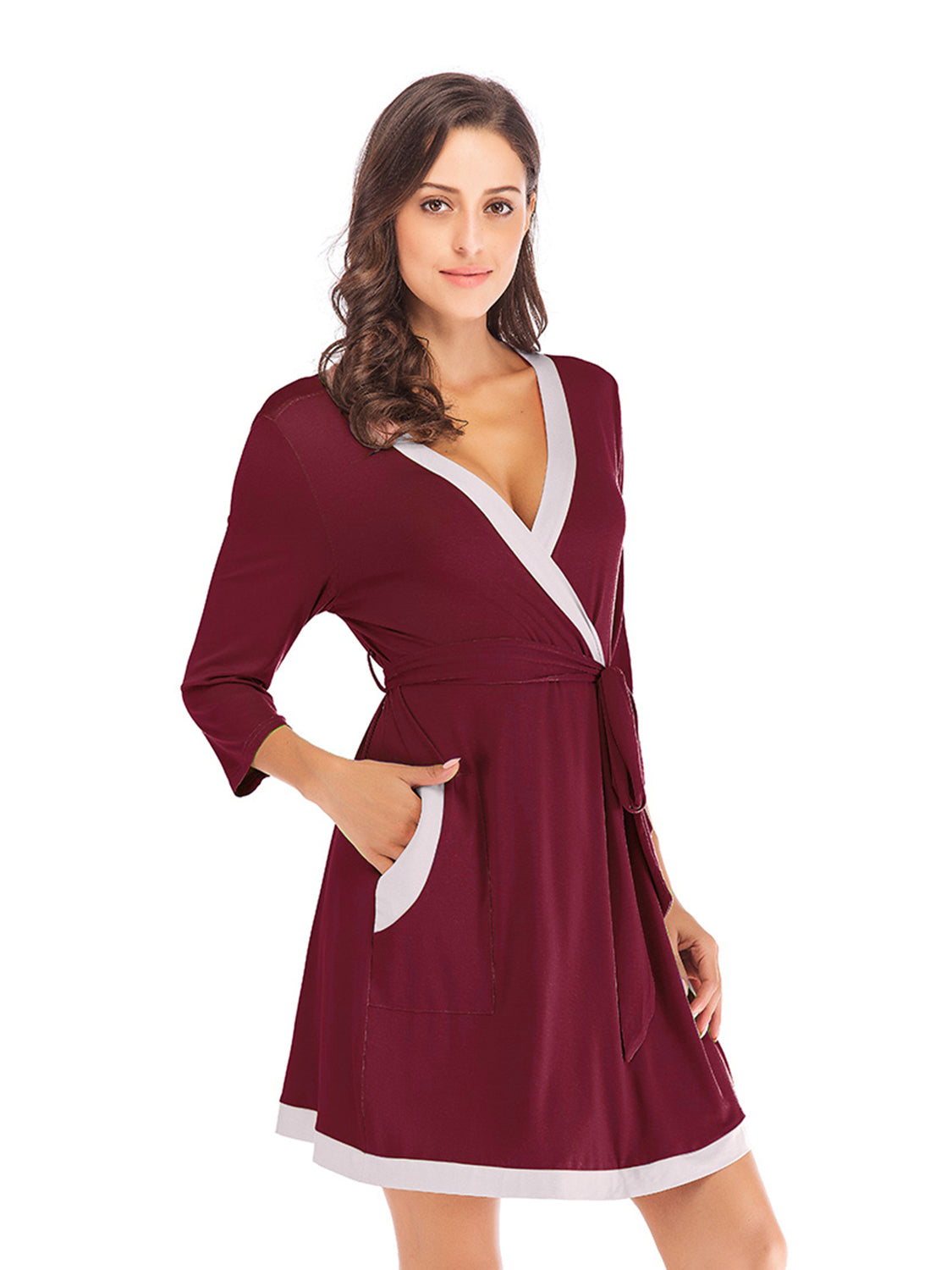 Tie Waist Surplice Neck Robe with Pockets - The Daily Makeover