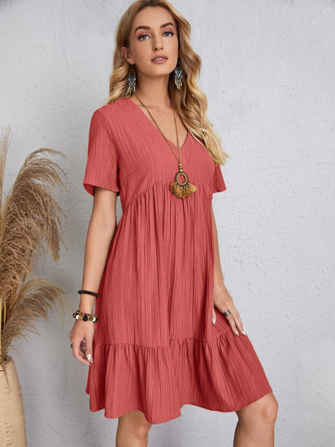 Full Size V-Neck Short Sleeve Dress - The Daily Makeover