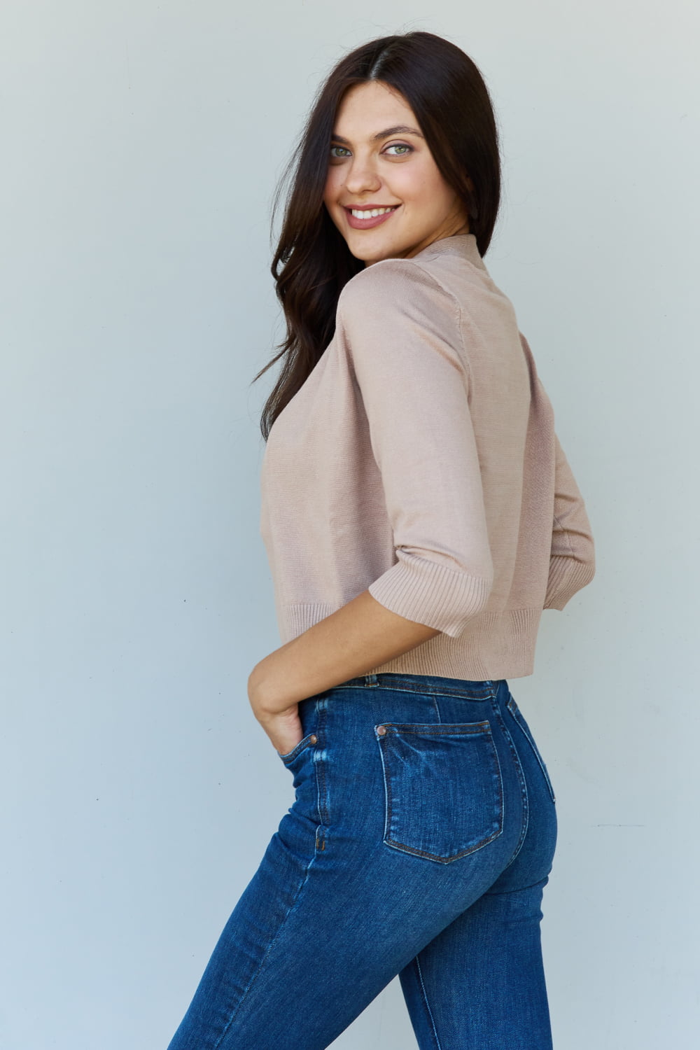 Doublju My Favorite Full Size 3/4 Sleeve Cropped Cardigan in Khaki - The Daily Makeover