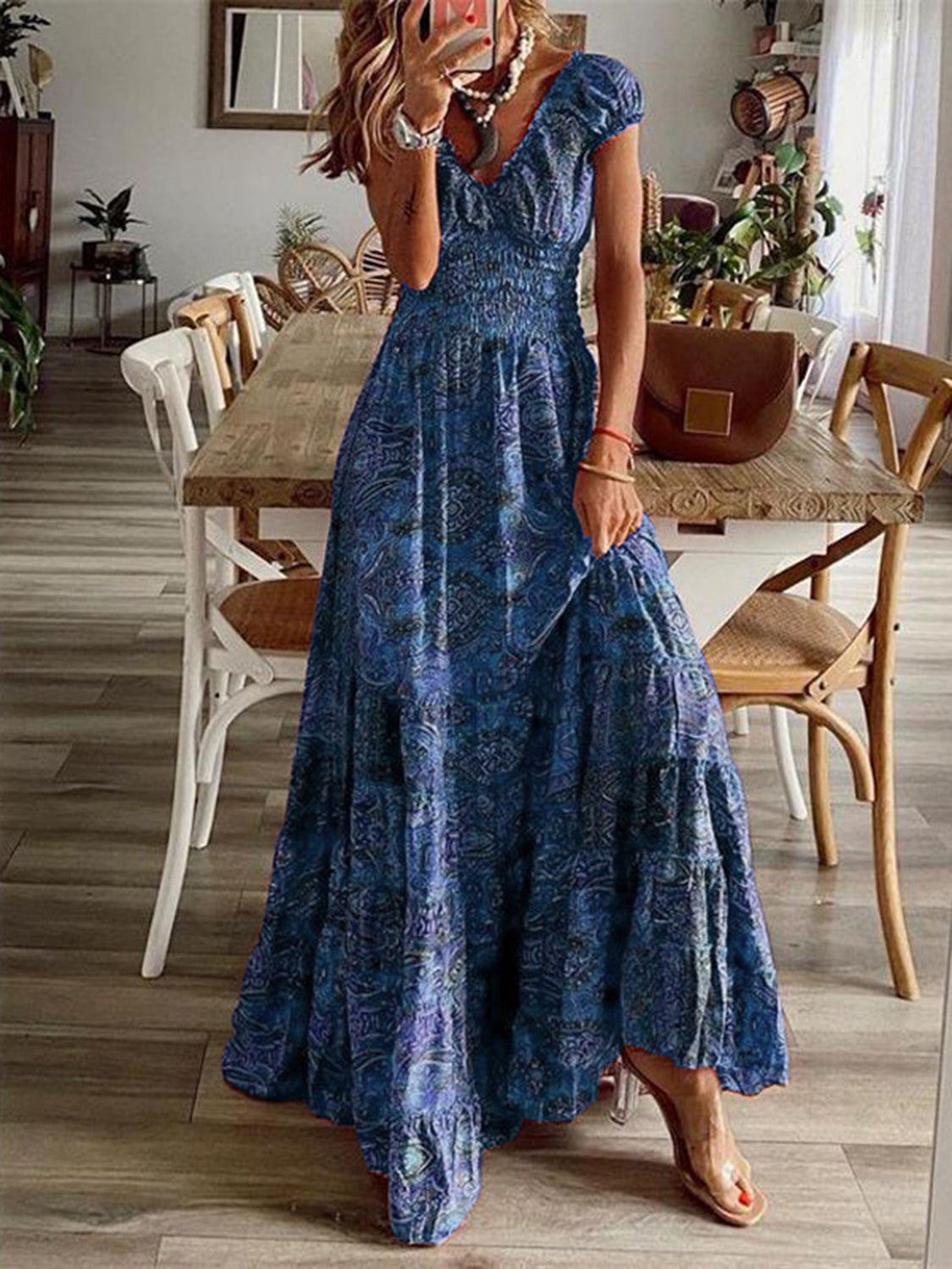 Full Size Smocked Printed V-Neck Short Sleeve Dress - The Daily Makeover