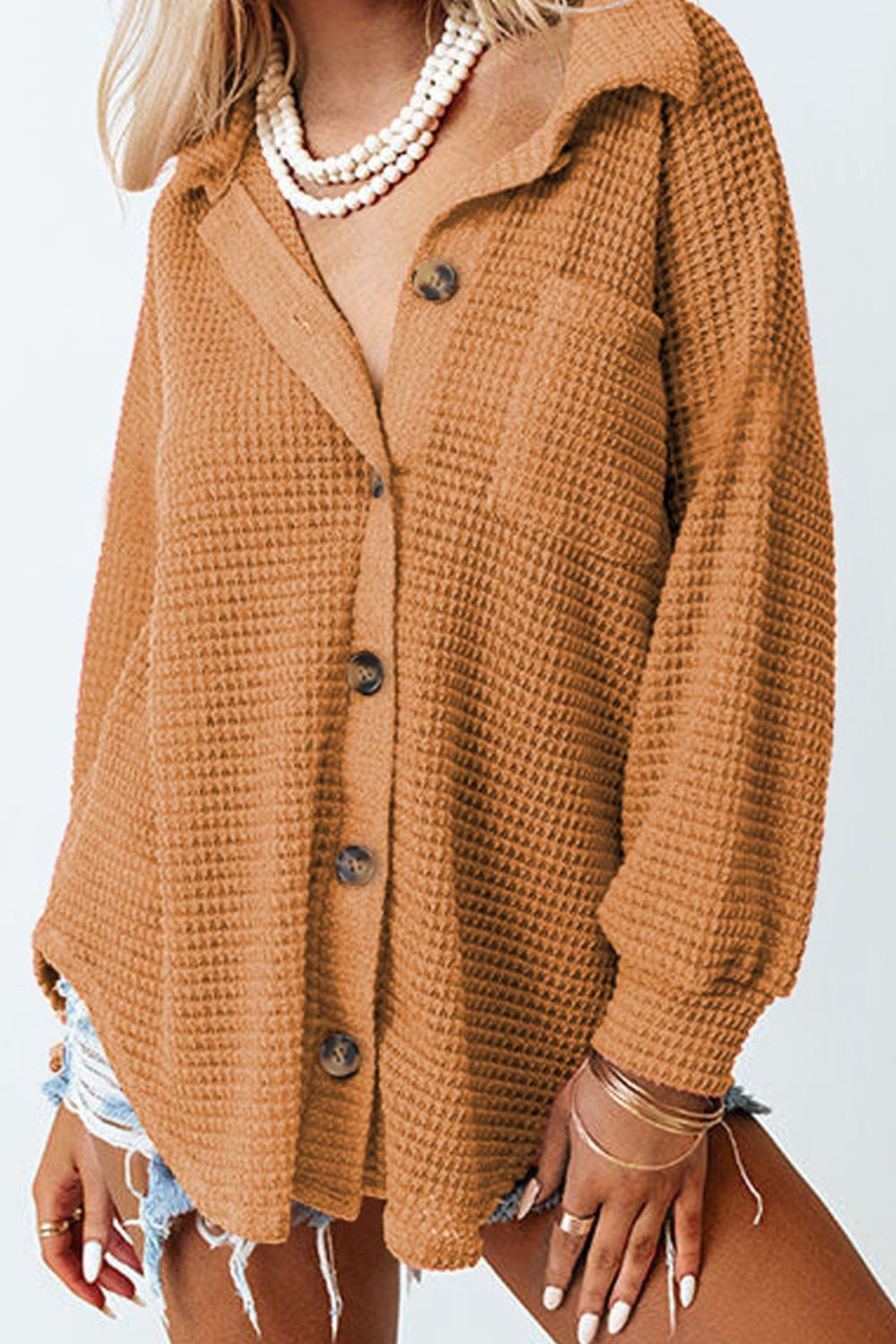 Waffle-Knit Collared Neck Long Sleeve Shirt - The Daily Makeover