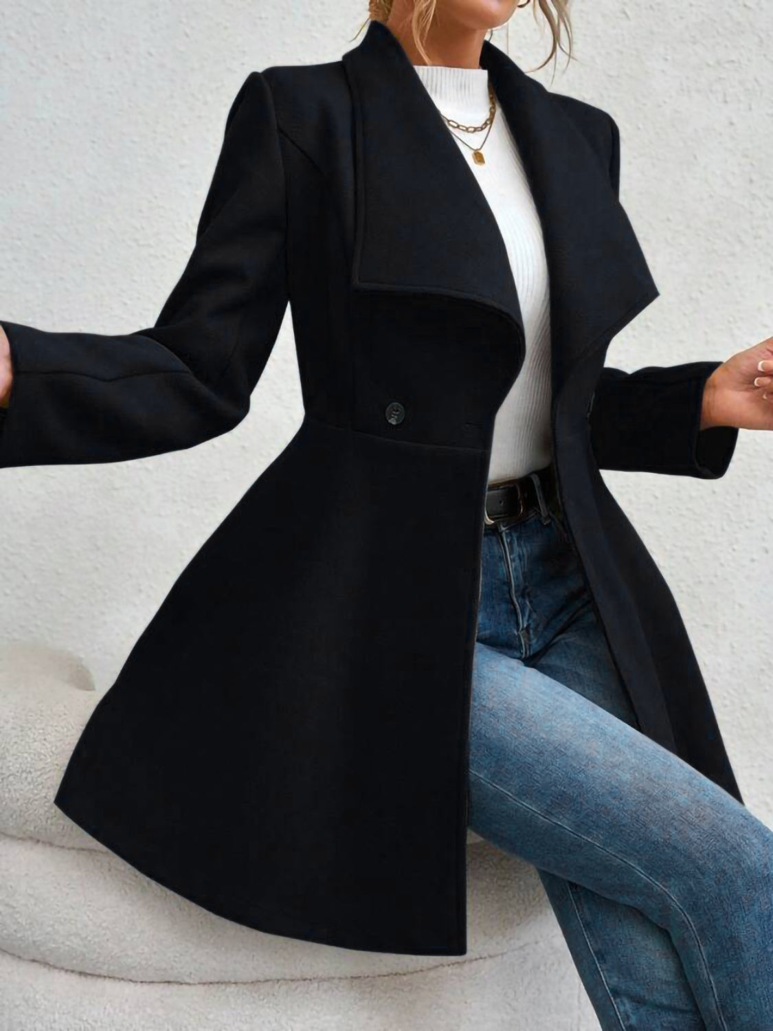 Collared Neck Button Up Long Sleeve Coat - The Daily Makeover