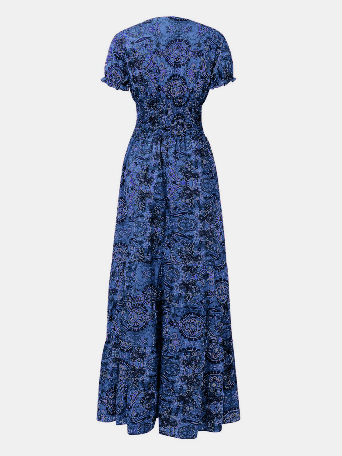 Full Size Smocked Printed V-Neck Short Sleeve Dress - The Daily Makeover
