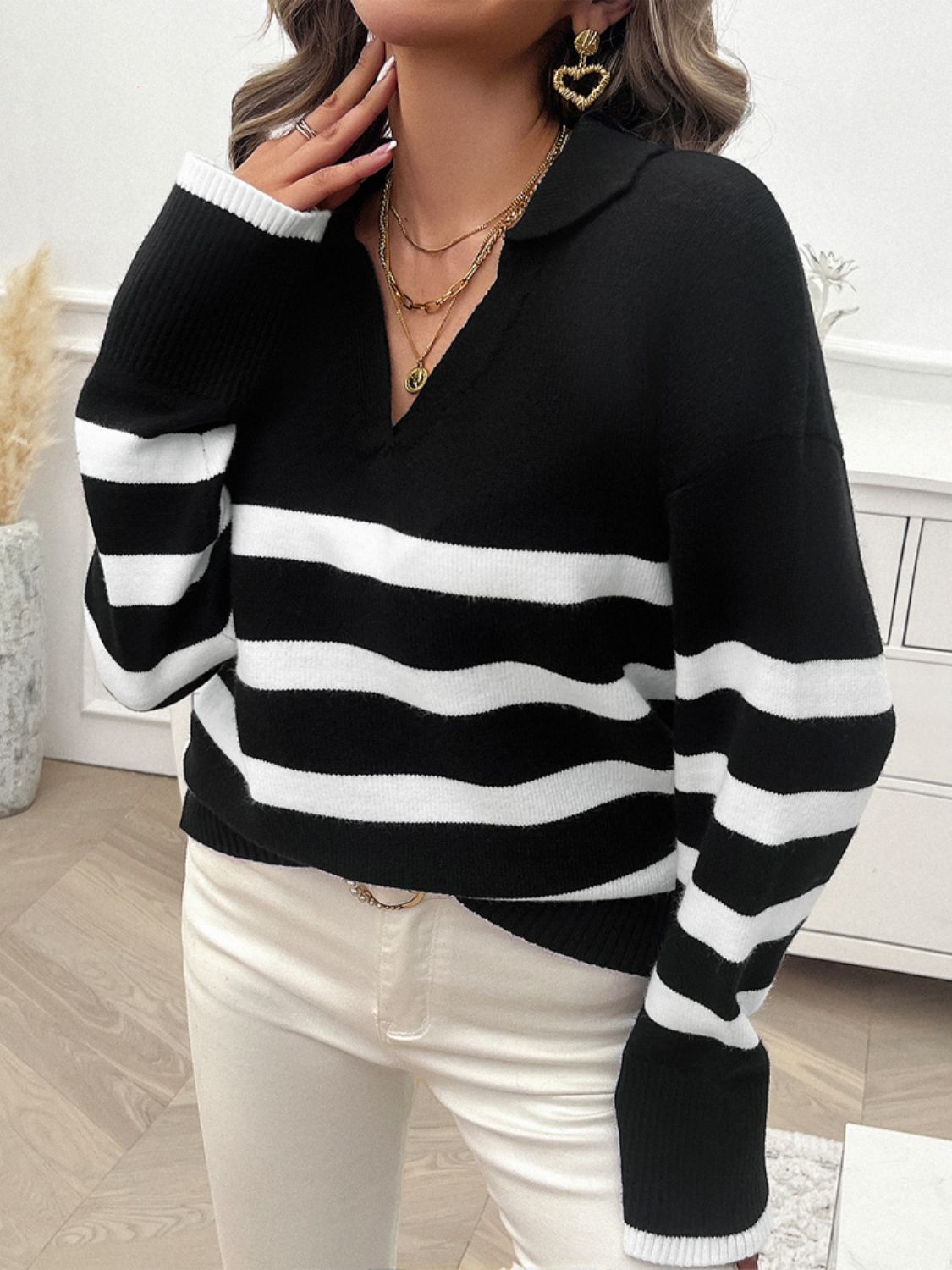 Striped Collared Neck Long Sleeve Sweater - The Daily Makeover