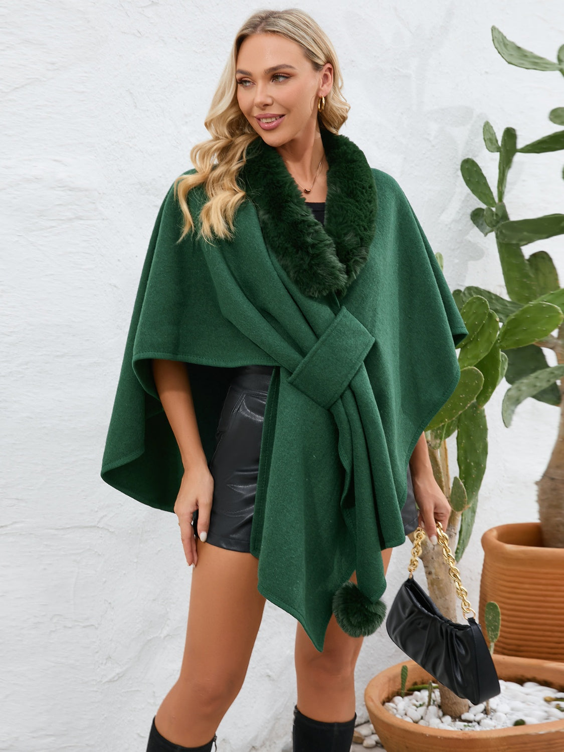 Fuzzy Trim Open Front Poncho - The Daily Makeover