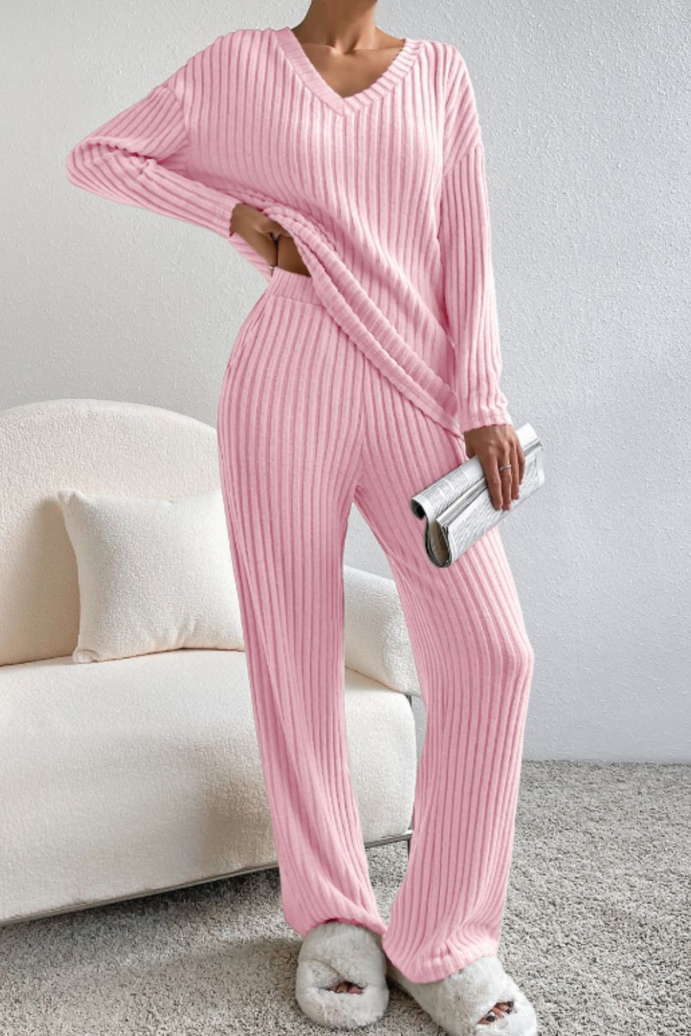 Ribbed V-Neck Top and Pants Lounge Set - The Daily Makeover