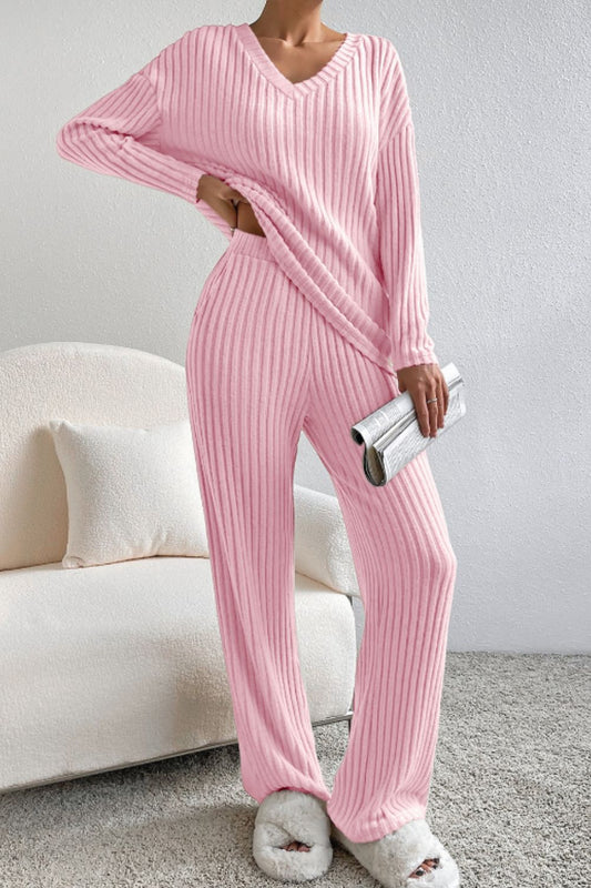 Ribbed V-Neck Top and Pants Lounge Set - The Daily Makeover