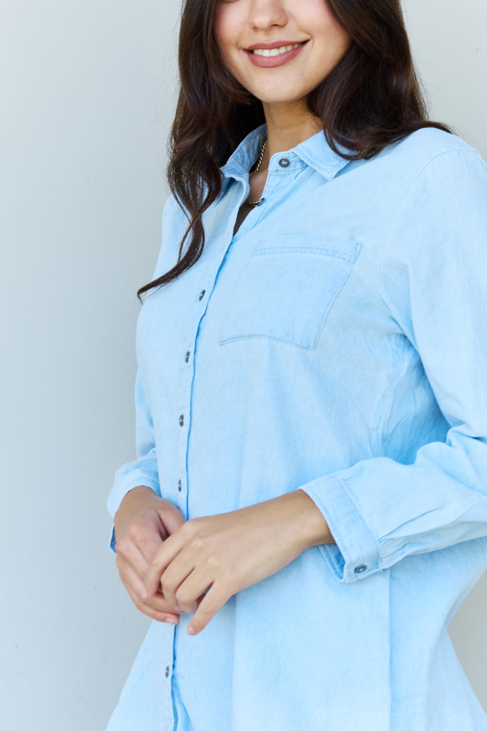 Doublju Blue Jean Baby Denim Button Down Shirt Top in Light Blue - The Daily Makeover
