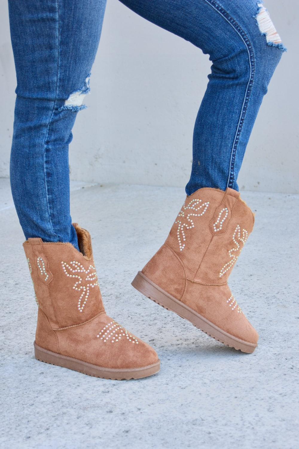 Forever Link Rhinestone Furry Flat Boots - The Daily Makeover