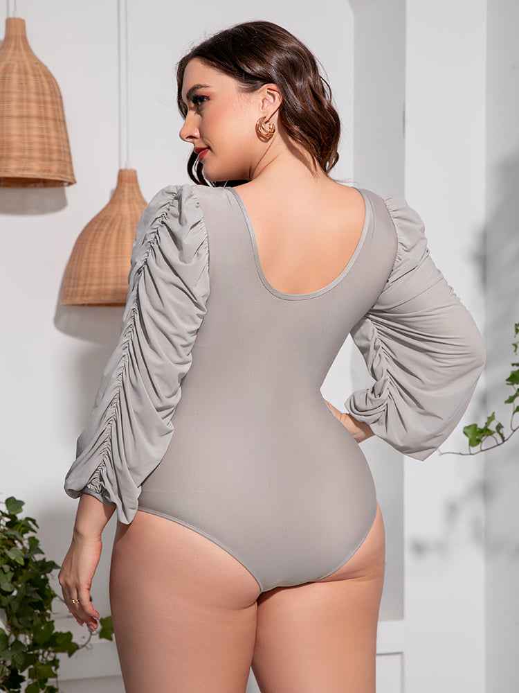 Plus Size Tied Deep V Balloon Sleeve One-Piece Swimsuit - The Daily Makeover