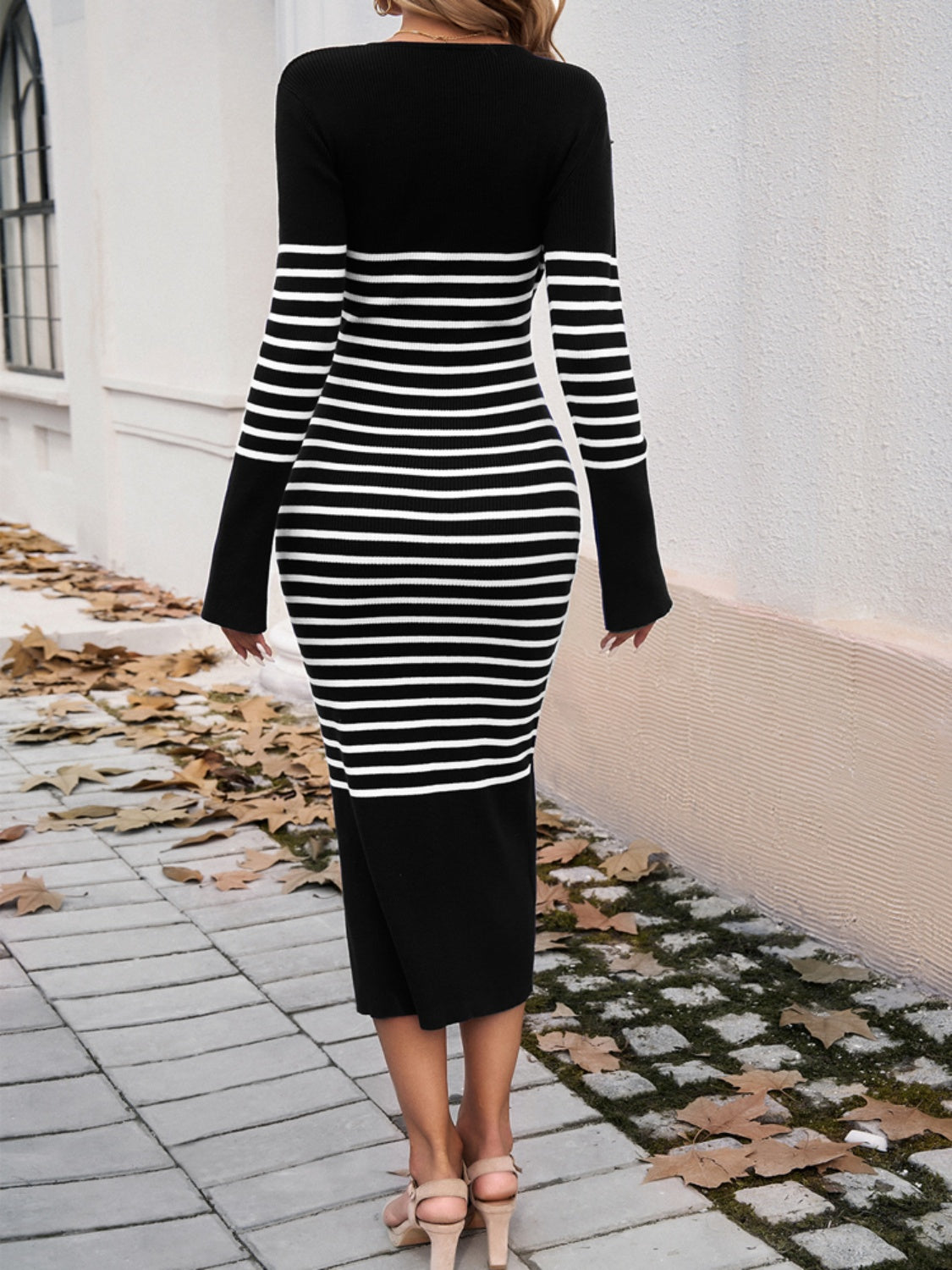 Devine Striped V-Neck Long Sleeve Sweater Dress - The Daily Makeover