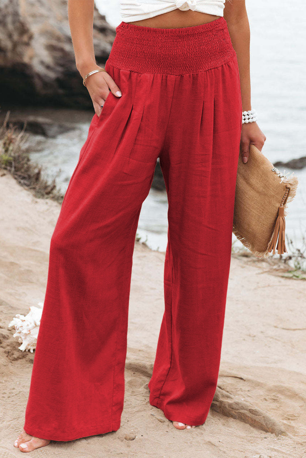 Khaki Smocked Wide Waistband High Waist Wide Leg Pants - The Daily Makeover