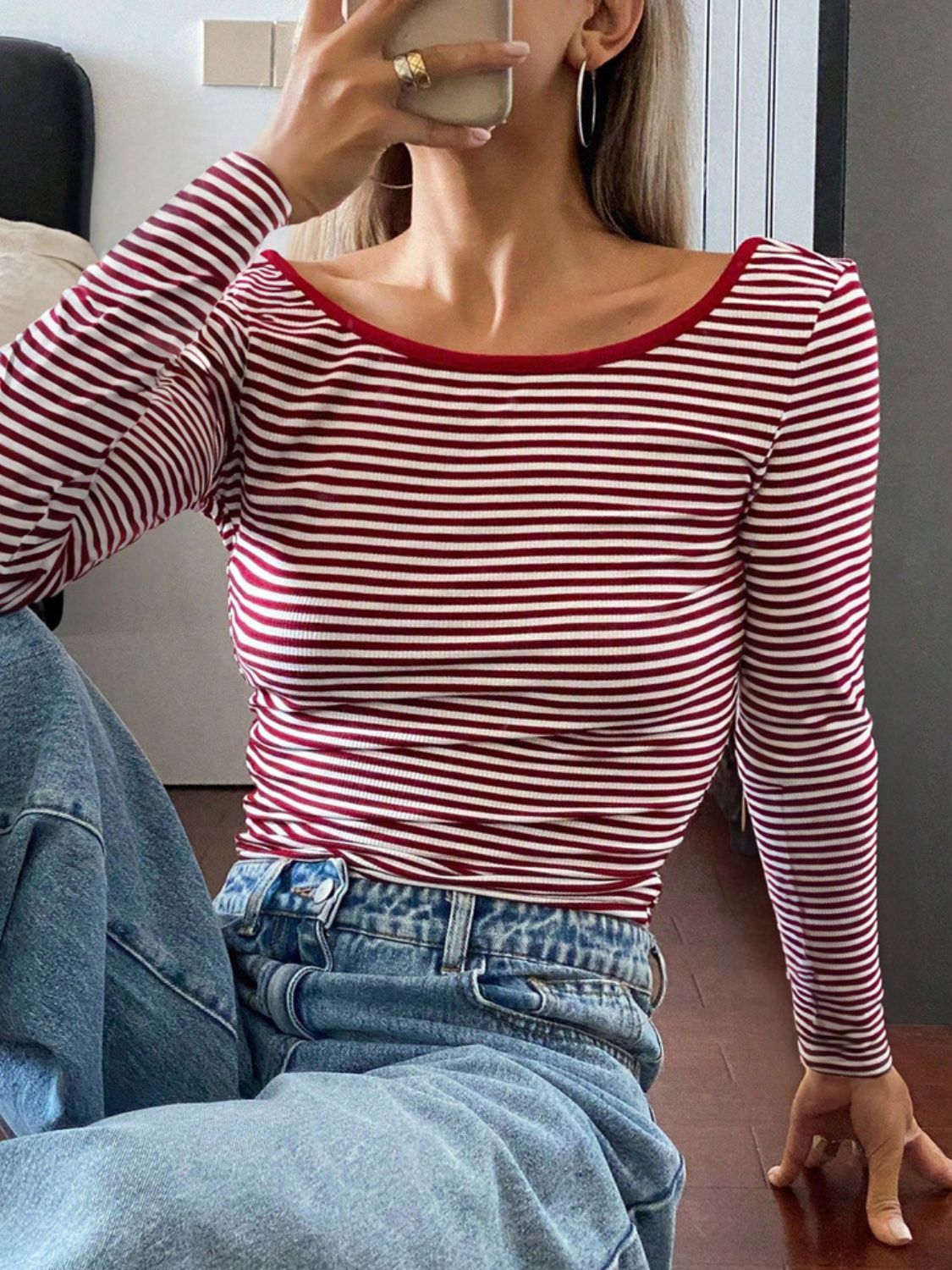 Devine Backless Striped Boat Neck Long Sleeve T-Shirt - The Daily Makeover