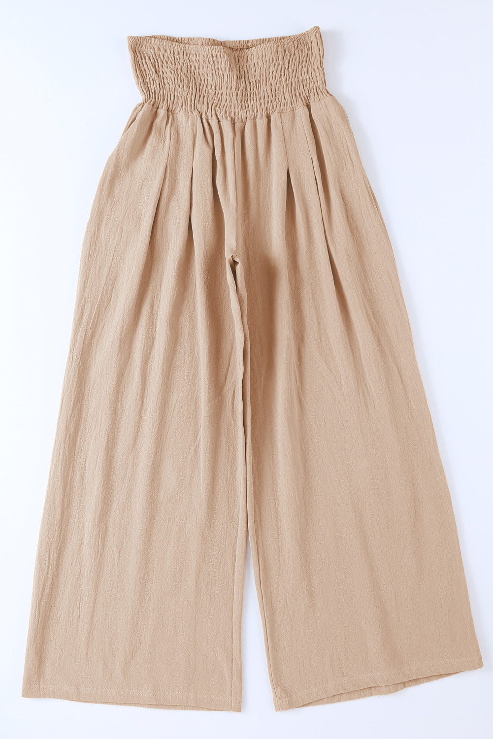 Khaki Smocked Wide Waistband High Waist Wide Leg Pants - The Daily Makeover