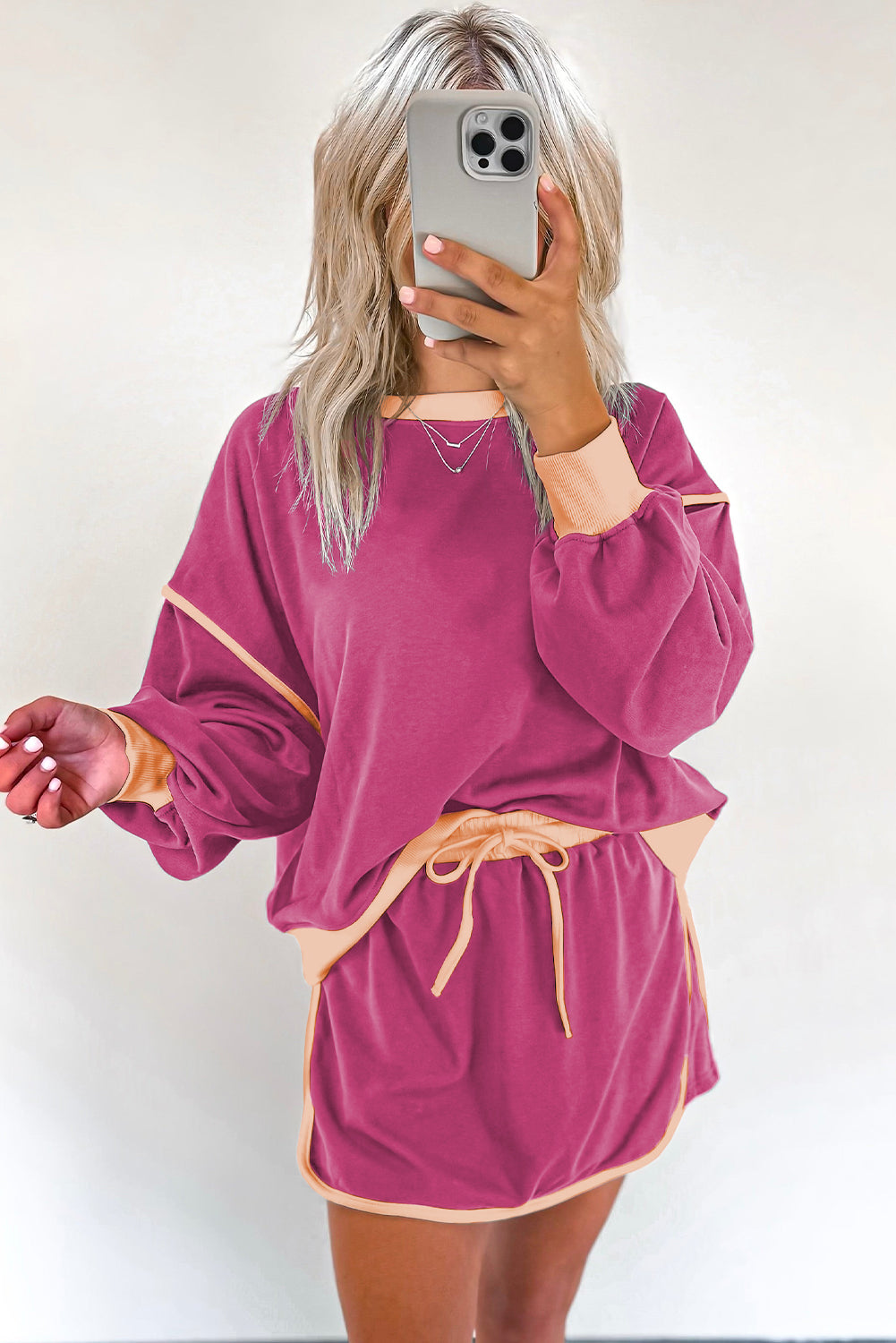Evergreen Contrast Trim Loose Pullover and Lace-up Waist Skort Set - The Daily Makeover