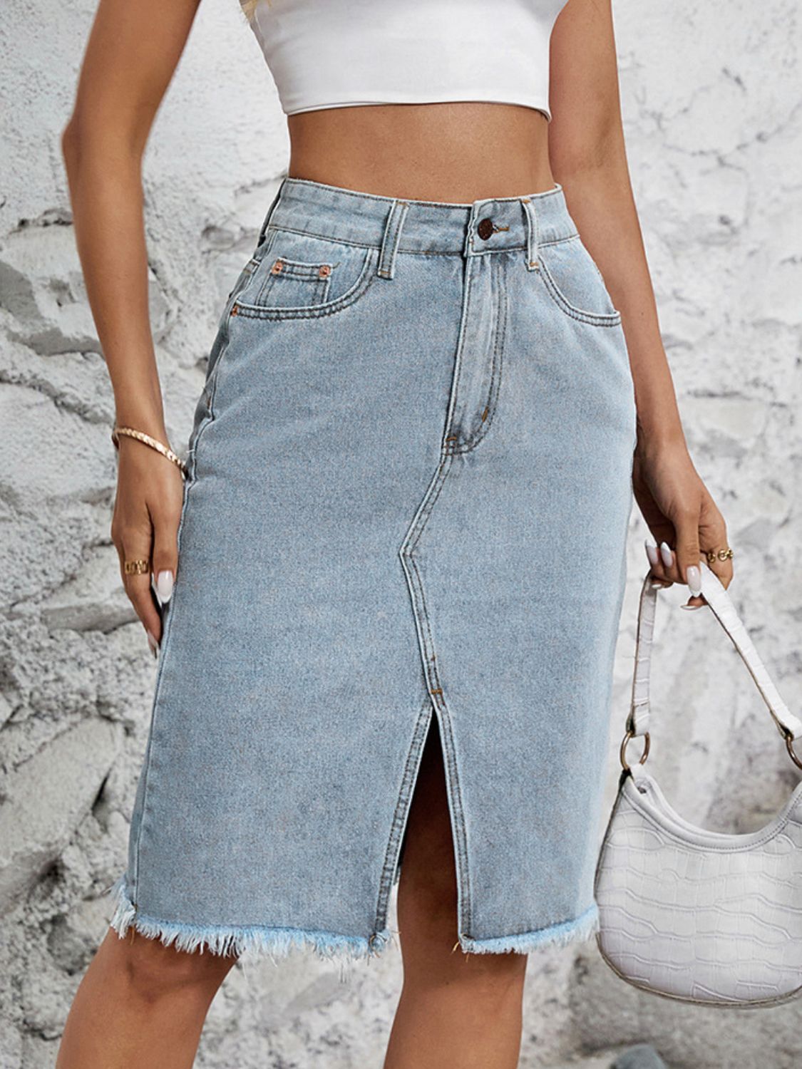 Raw Hem Slit Denim Skirt - The Daily Makeover