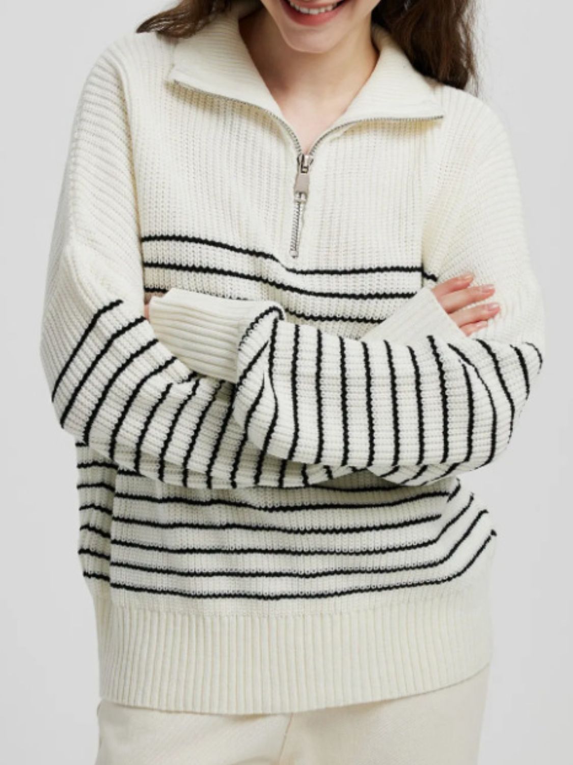 Striped Half Zip Long Sleeve Sweater - The Daily Makeover