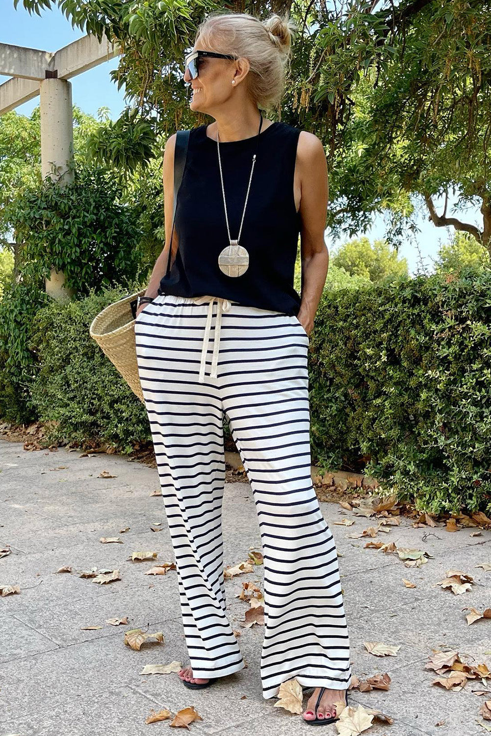 White Striped Casual Drawstring Wide Leg Pants with Pockets - The Daily Makeover
