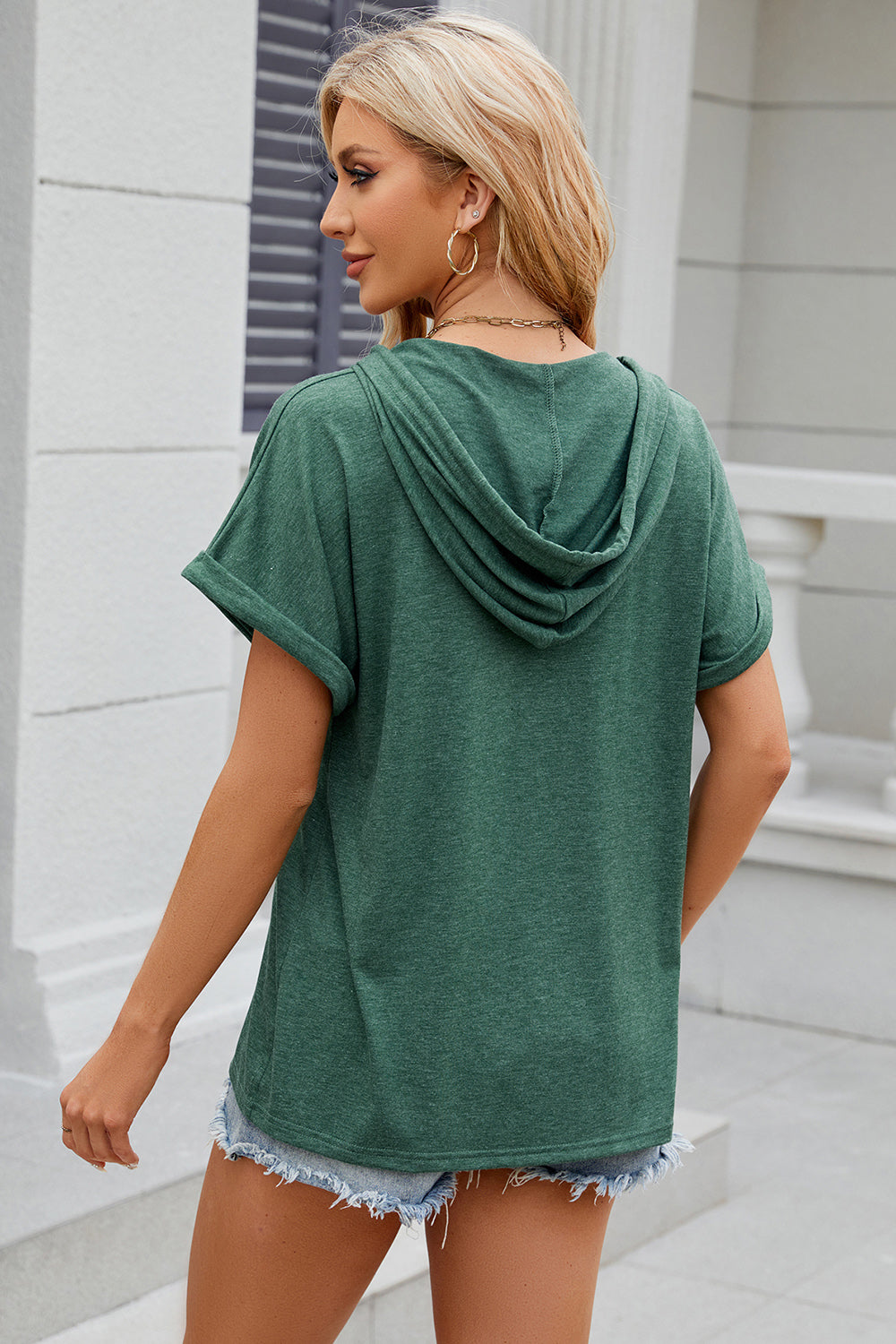 Half Button Drawstring Short Sleeve Hooded T-Shirt - The Daily Makeover