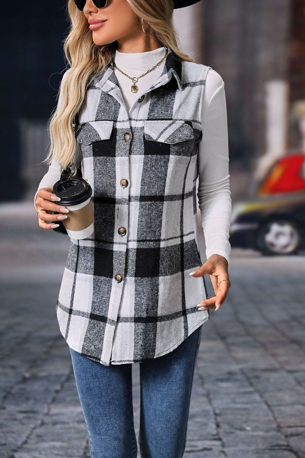 Plaid Button Up Vest Coat - The Daily Makeover