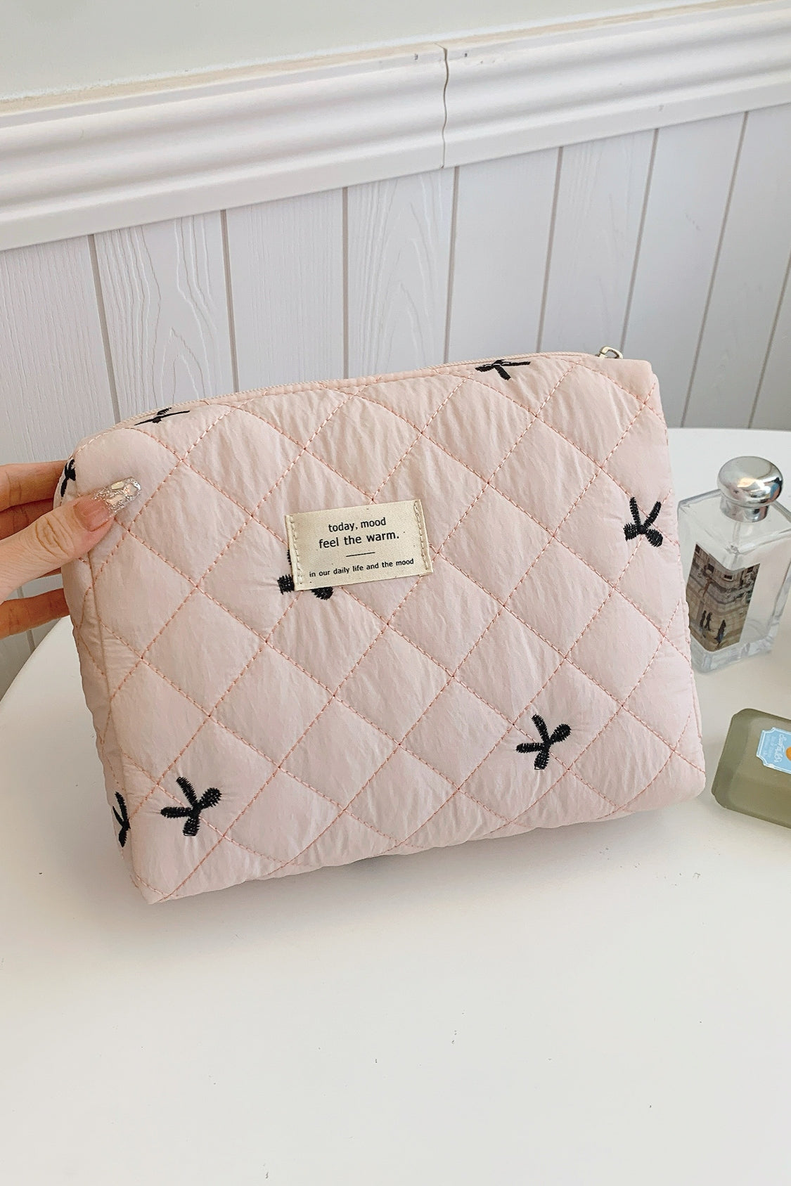 Bow Embroidered Quilted Storage Bag - The Daily Makeover
