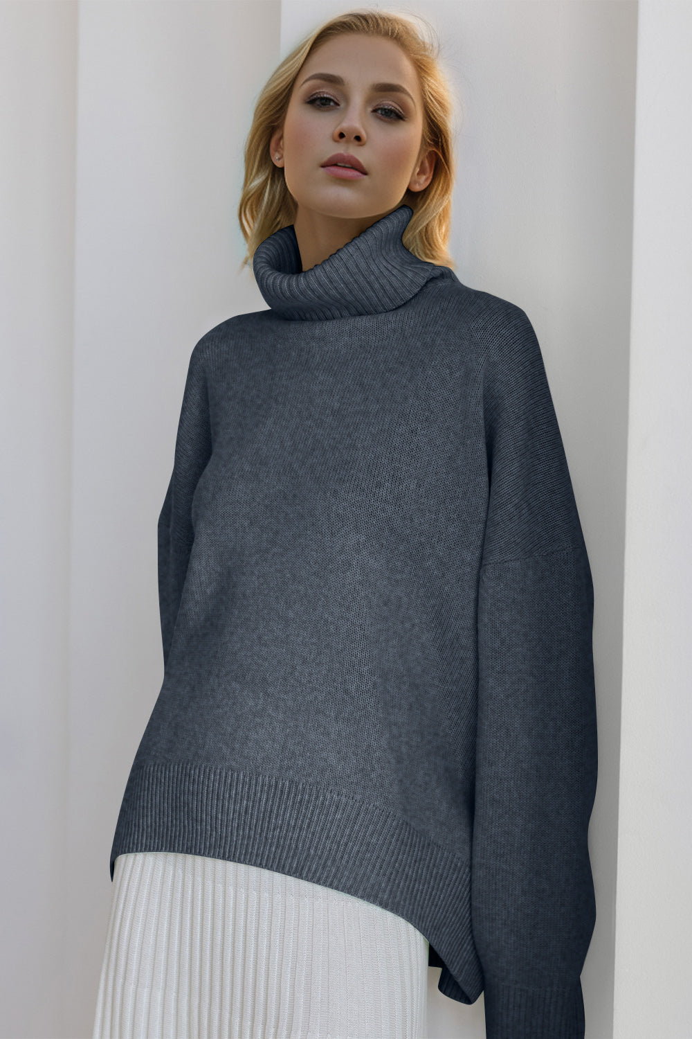 Turtleneck Dropped Shoulder Long Sleeve Sweater - The Daily Makeover