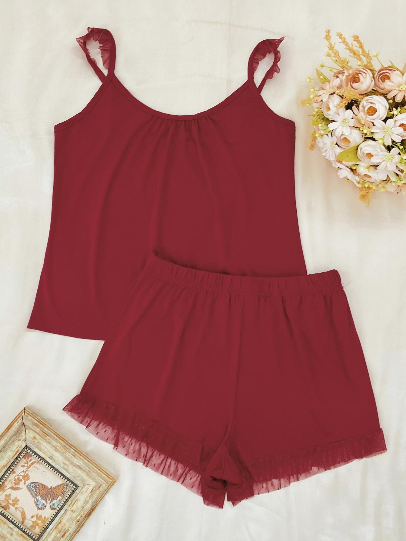 Gathered Detail Spliced Mesh Sleeveless Top and Shorts Lounge Set - The Daily Makeover