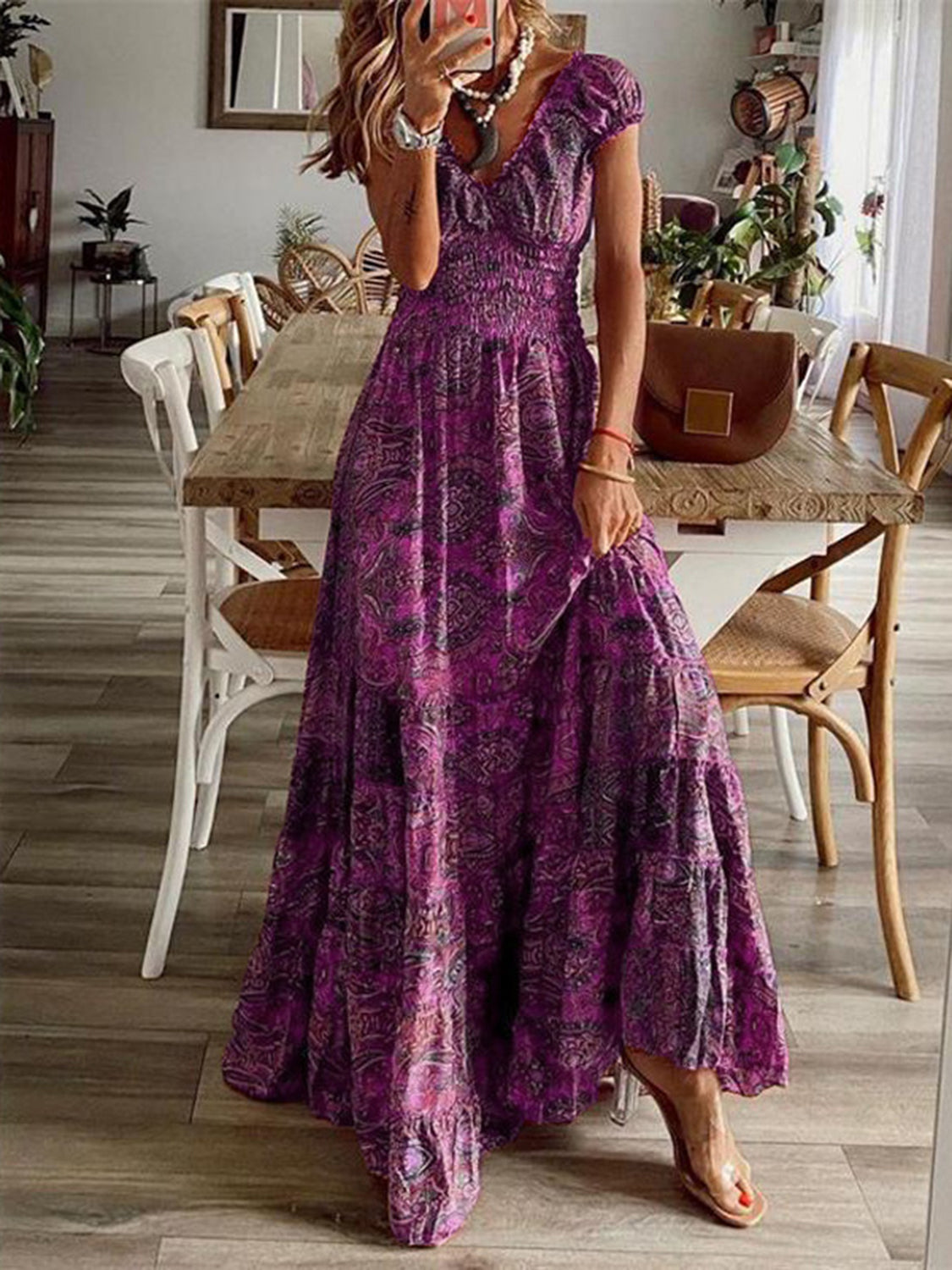 Full Size Smocked Printed V-Neck Short Sleeve Dress - The Daily Makeover