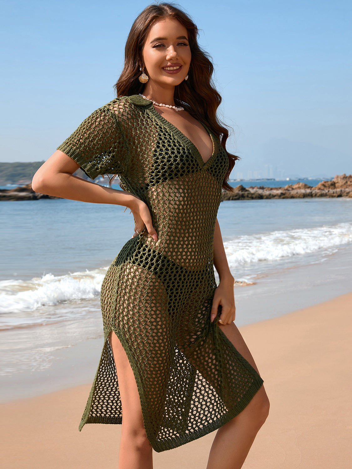 Slit Openwork Johnny Collar Short Sleeve Cover-Up - The Daily Makeover